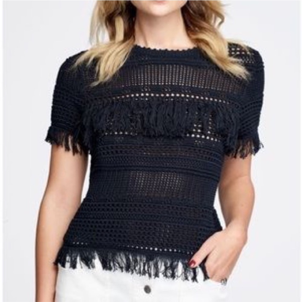Rebecca Minkoff Miwok fringe knit short sleeve top in black